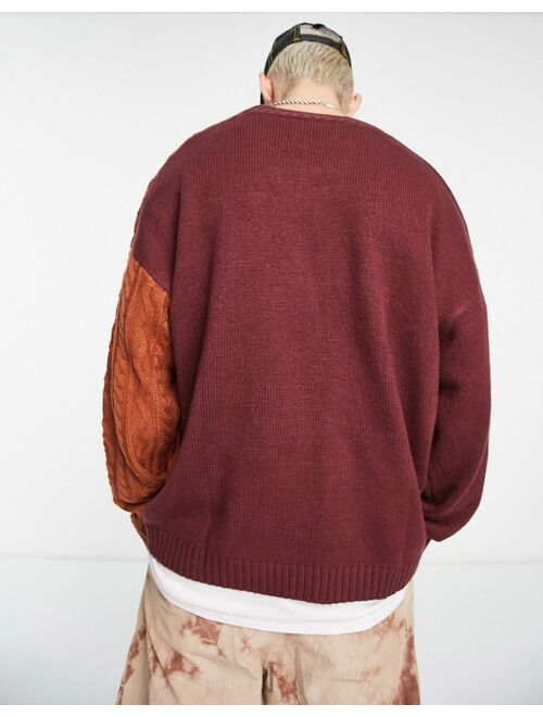 Collusion mixed cable knit cardigan in burgundy