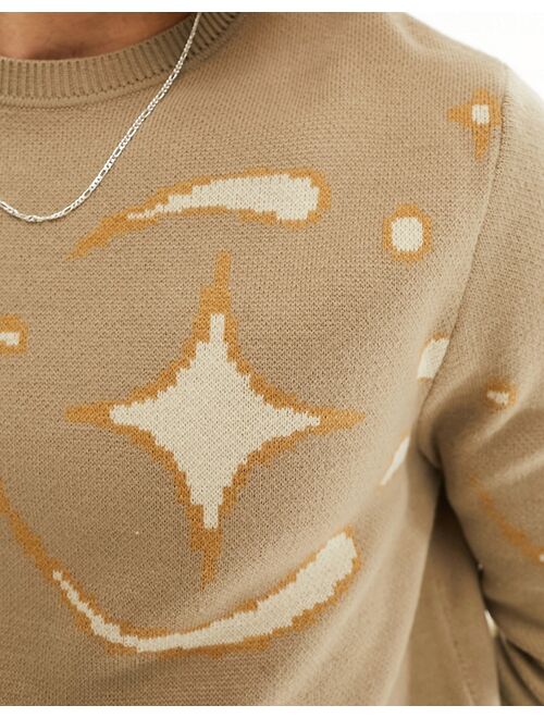 ASOS DESIGN relaxed knitted sweater with beige celestial print