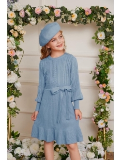 Girls Sweater Dress Cable Knit Long Sleeve Fall Winter Dress for Girl with Belt Sizes 6-14