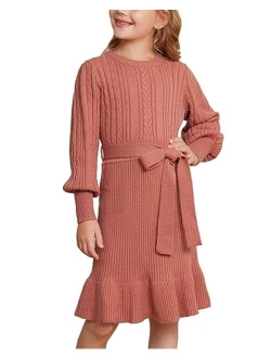 Girls Sweater Dress Cable Knit Long Sleeve Fall Winter Dress for Girl with Belt Sizes 6-14