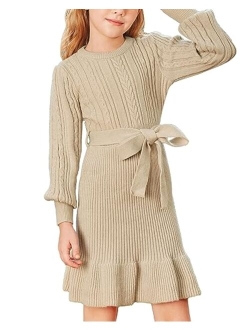 Girls Sweater Dress Cable Knit Long Sleeve Fall Winter Dress for Girl with Belt Sizes 6-14