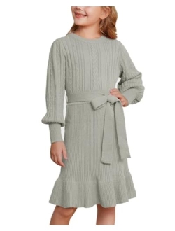 Girls Sweater Dress Cable Knit Long Sleeve Fall Winter Dress for Girl with Belt Sizes 6-14