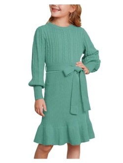 Girls Sweater Dress Cable Knit Long Sleeve Fall Winter Dress for Girl with Belt Sizes 6-14