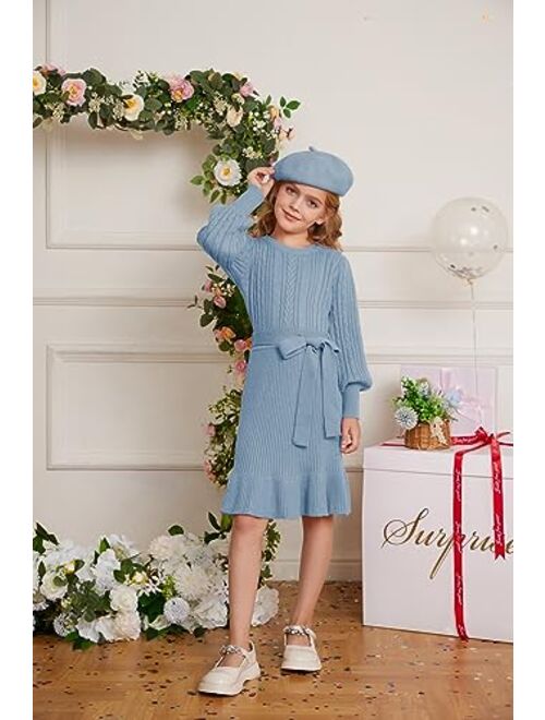 GRACE KARIN Girls Sweater Dress Cable Knit Long Sleeve Fall Winter Dress for Girl with Belt Sizes 6-14