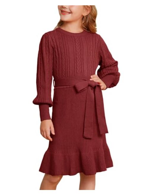 GRACE KARIN Girls Sweater Dress Cable Knit Long Sleeve Fall Winter Dress for Girl with Belt Sizes 6-14