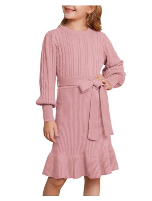 GRACE KARIN Girls Sweater Dress Cable Knit Long Sleeve Fall Winter Dress for Girl with Belt Sizes 6-14