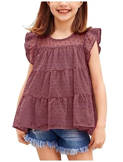 Girls Shirts Ruffle Sleeve Summer Tops Chiffon Swiss Dot Casual Blouses Tunic