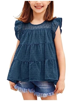 Girls Shirts Ruffle Sleeve Summer Tops Chiffon Swiss Dot Casual Blouses Tunic