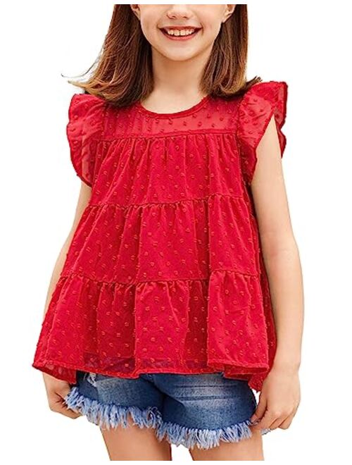 Arshiner Girls Shirts Ruffle Sleeve Summer Tops Chiffon Swiss Dot Casual Blouses Tunic