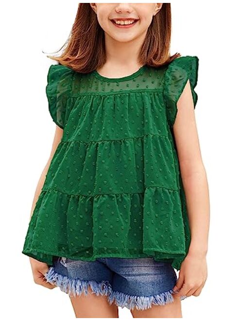 Arshiner Girls Shirts Ruffle Sleeve Summer Tops Chiffon Swiss Dot Casual Blouses Tunic