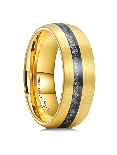 King Will Mens 8mm Gold Black Silver Hammered Tungsten Carbide Wedding Rings Imitated Meteorite Inlay Matte Brushed Tungsten Ring