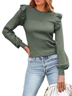 Women's Ruffle Shoulder Long Sleeve Sweaters Crew Neck Slim Fitted 2023 Fall Ribbed Knit Tops