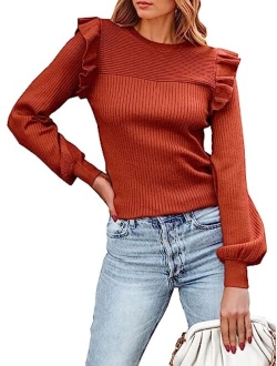 Women's Ruffle Shoulder Long Sleeve Sweaters Crew Neck Slim Fitted 2023 Fall Ribbed Knit Tops