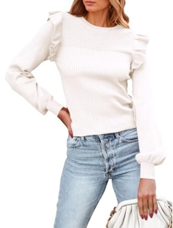 Women's Ruffle Shoulder Long Sleeve Sweaters Crew Neck Slim Fitted 2023 Fall Ribbed Knit Tops