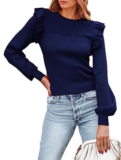 Women's Ruffle Shoulder Long Sleeve Sweaters Crew Neck Slim Fitted 2023 Fall Ribbed Knit Tops