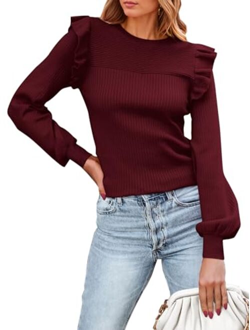 PRETTYGARDEN Women's Ruffle Shoulder Long Sleeve Sweaters Crew Neck Slim Fitted 2023 Fall Ribbed Knit Tops