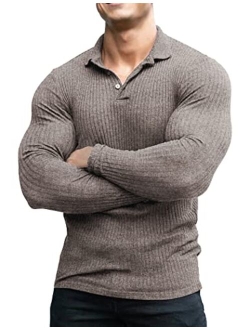 Men's Stretch Muscle Tshirts Long Sleeve Knit Tees Casual Slim Fit Polo Shirts