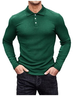 Men's Stretch Muscle Tshirts Long Sleeve Knit Tees Casual Slim Fit Polo Shirts