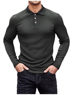 Men's Stretch Muscle Tshirts Long Sleeve Knit Tees Casual Slim Fit Polo Shirts