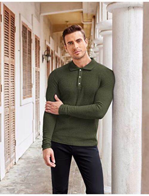 COOFANDY Men's Stretch Muscle Tshirts Long Sleeve Knit Tees Casual Slim Fit Polo Shirts