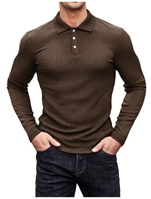 COOFANDY Men's Stretch Muscle Tshirts Long Sleeve Knit Tees Casual Slim Fit Polo Shirts