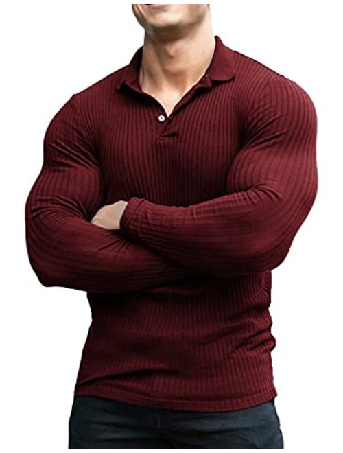 COOFANDY Men's Stretch Muscle Tshirts Long Sleeve Knit Tees Casual Slim Fit Polo Shirts