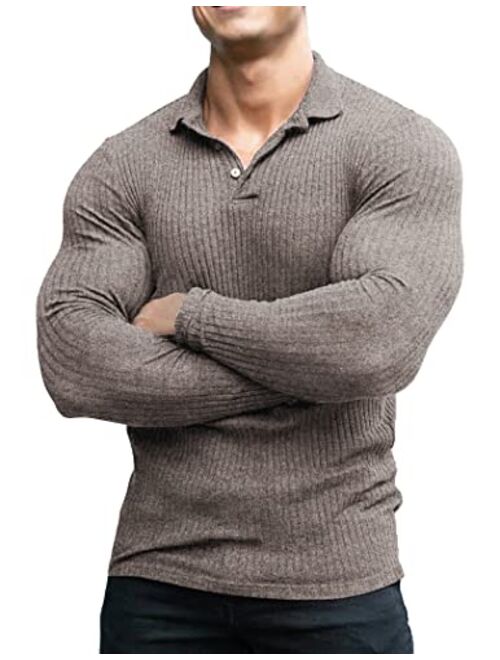 COOFANDY Men's Stretch Muscle Tshirts Long Sleeve Knit Tees Casual Slim Fit Polo Shirts