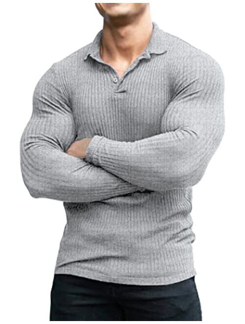 COOFANDY Men's Stretch Muscle Tshirts Long Sleeve Knit Tees Casual Slim Fit Polo Shirts