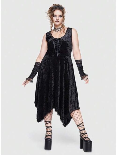 ROMWE Goth Plus Lace Up Front Hanky Hem Velvet Dress Without Arm Sleeves