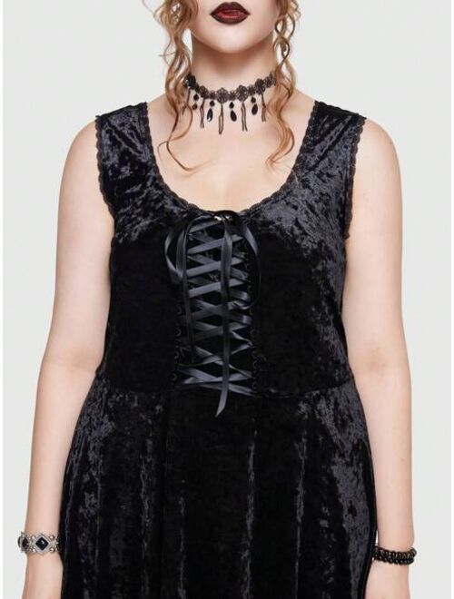 ROMWE Goth Plus Lace Up Front Hanky Hem Velvet Dress Without Arm Sleeves