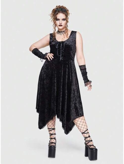 ROMWE Goth Plus Lace Up Front Hanky Hem Velvet Dress Without Arm Sleeves