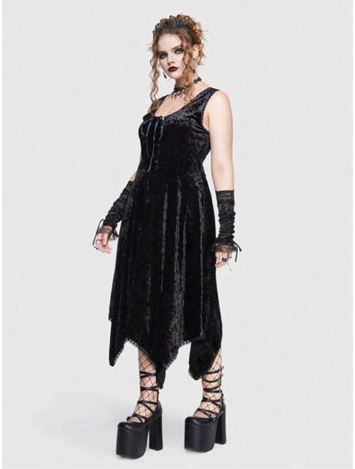 ROMWE Goth Plus Lace Up Front Hanky Hem Velvet Dress Without Arm Sleeves