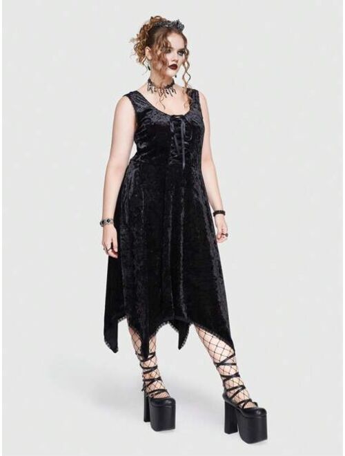 ROMWE Goth Plus Lace Up Front Hanky Hem Velvet Dress Without Arm Sleeves