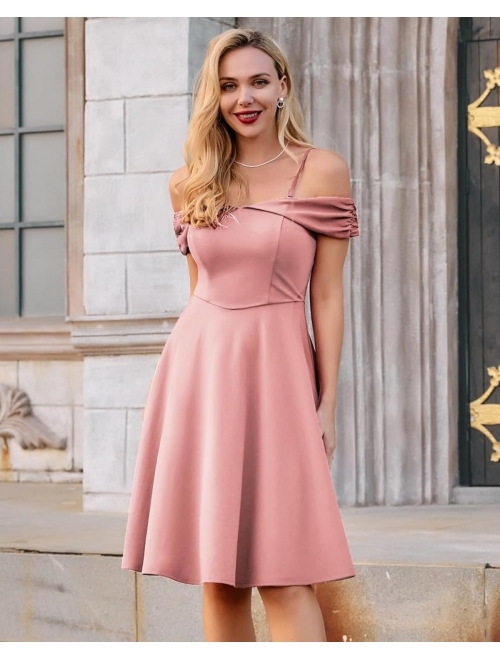 Belle Poque Off The Shoulder Dresses for Womens Vintage A-Line Swing Cocktail Dress Spaghetti Strap Dress for Wedding Guest