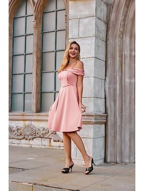 Belle Poque Off The Shoulder Dresses for Womens Vintage A-Line Swing Cocktail Dress Spaghetti Strap Dress for Wedding Guest