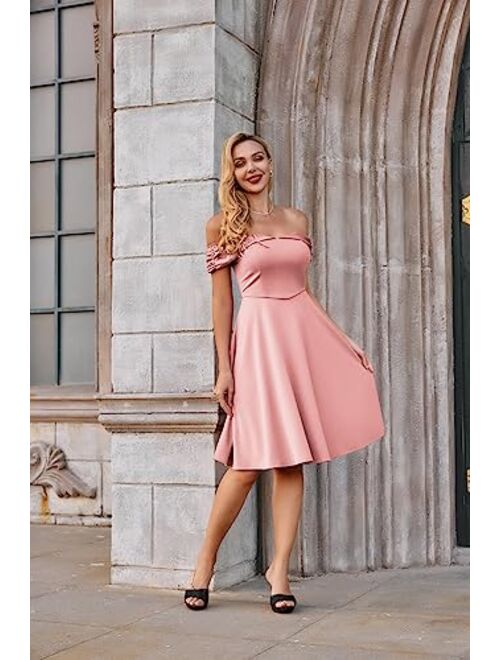 Belle Poque Off The Shoulder Dresses for Womens Vintage A-Line Swing Cocktail Dress Spaghetti Strap Dress for Wedding Guest