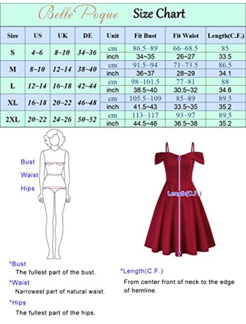 Belle Poque Off The Shoulder Dresses for Womens Vintage A-Line Swing Cocktail Dress Spaghetti Strap Dress for Wedding Guest