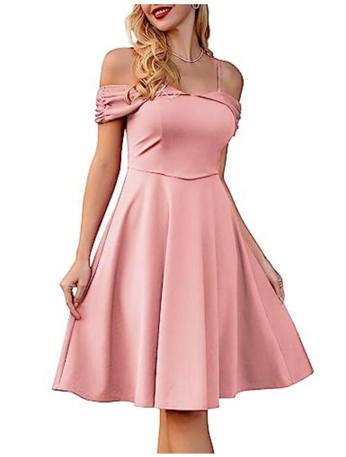 Belle Poque Off The Shoulder Dresses for Womens Vintage A-Line Swing Cocktail Dress Spaghetti Strap Dress for Wedding Guest