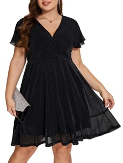 Parara Plus Size Mesh Cocktail Evening Party Dress for Women V Neck Long Sheer Sleeve Midi Formal Dresses