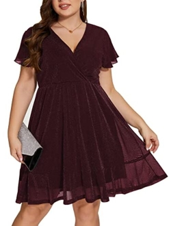 Parara Plus Size Mesh Cocktail Evening Party Dress for Women V Neck Long Sheer Sleeve Midi Formal Dresses