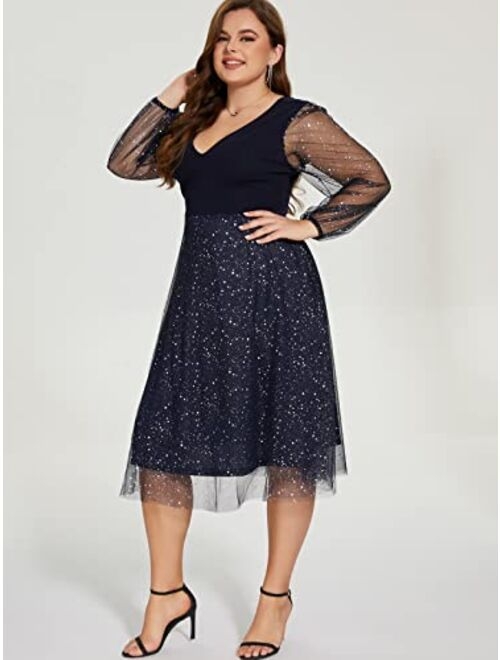 Parara Plus Size Mesh Cocktail Evening Party Dress for Women V Neck Long Sheer Sleeve Midi Formal Dresses