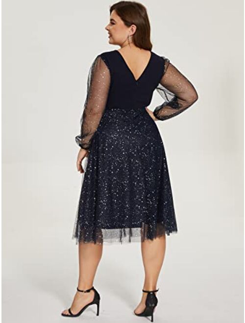 Parara Plus Size Mesh Cocktail Evening Party Dress for Women V Neck Long Sheer Sleeve Midi Formal Dresses