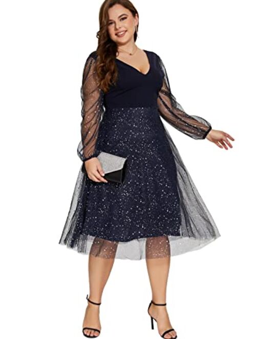 Parara Plus Size Mesh Cocktail Evening Party Dress for Women V Neck Long Sheer Sleeve Midi Formal Dresses