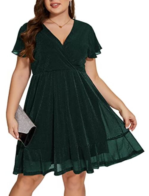 Parara Plus Size Mesh Cocktail Evening Party Dress for Women V Neck Long Sheer Sleeve Midi Formal Dresses