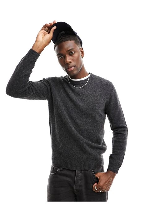 ASOS DESIGN knit lambswool crew neck sweater in charcoal