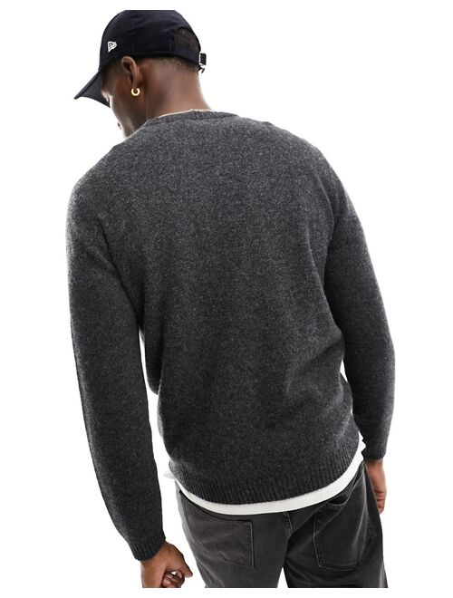 ASOS DESIGN knit lambswool crew neck sweater in charcoal