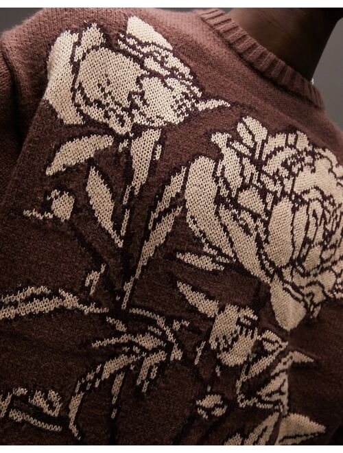 Topman large scale floral sweater in brown