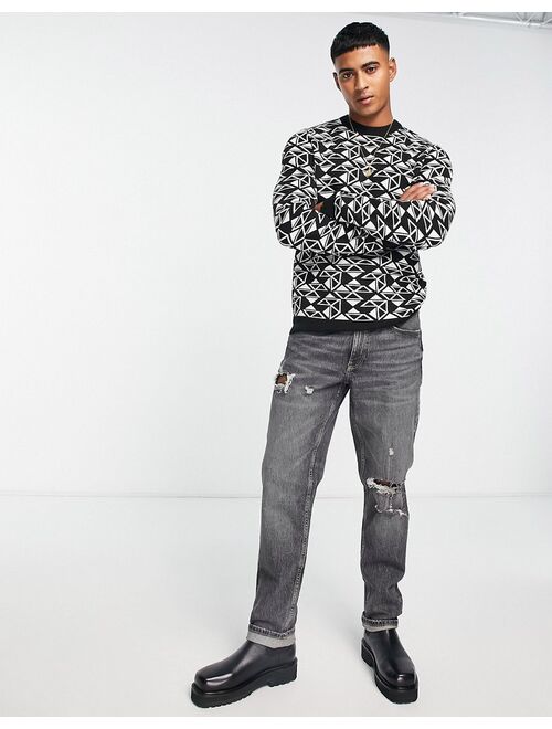 New Look relaxed geo knit crew neck sweater in black