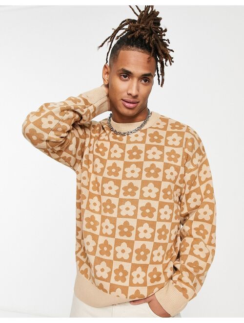 Jack & Jones oversized jacquard floral checkerboard sweater in beige