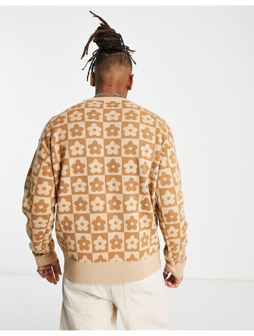 Jack & Jones oversized jacquard floral checkerboard sweater in beige